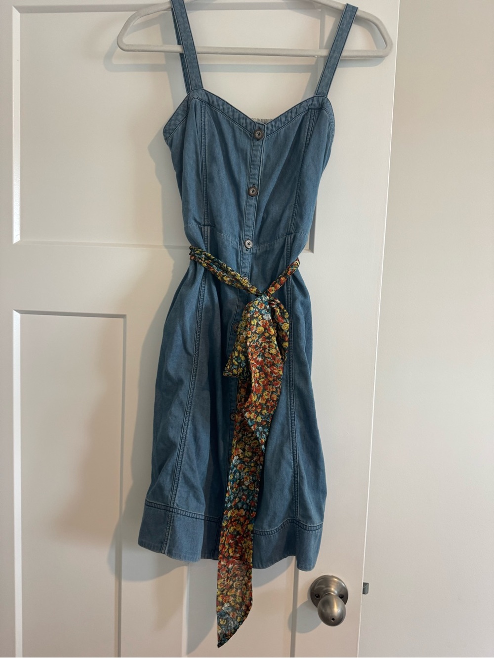 Pilcro and the Letterpress Light Blue Denim Mini Dress with Floral Tie